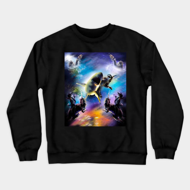 Cats Riding Shark Dinosaur, Cat Kraken, Beach Space Crewneck Sweatshirt by Random Galaxy